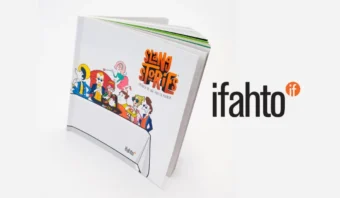 Un libro de tapa dura titulado "Slang Stories" que presenta personajes de dibujos animados en la portada, junto al logotipo de ifahto sobre un fondo blanco: una adición divertida a cualquier colección de Slang Stories.