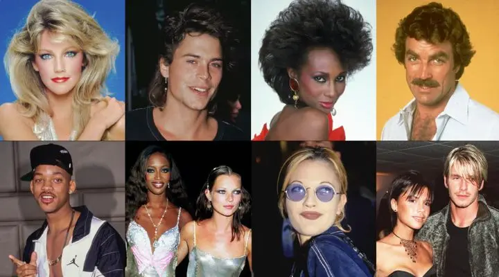 Un collage de ocho celebridades de las décadas de 1980 y 1990, incluidos hombres y mujeres, cada uno vestido con ropa elegante y peinados distintivos que reflejan los estándares de belleza de su época.